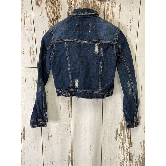 Junior's Rue 21 Dark Wash Distressed Denim Jacket Size Small - Picture 2 of 4